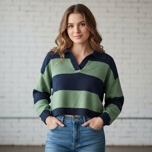 Wild Fable Green & Navy Striped Collared‎ Sweater Top S Polyester/Cotton